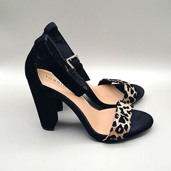 Torrid Black Velvet Ankle Strap Heels & Gold Glitter Leopard Print Peep Toe, 10W - Picture 3 of 11